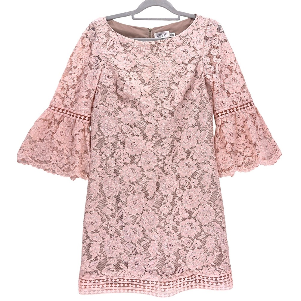 Eliza J Pink Lace Shift Dress Size 8 Bell Sleeve Floral